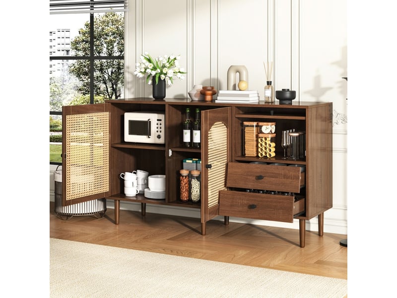  Meuble de rangement, buffet avec 2 portes en rotin, étagères réglables et 2 tiroirs, 130 x 75,5 x 40 cm, fermeture magnétique, pour salon et salle à manger  - Conforama D