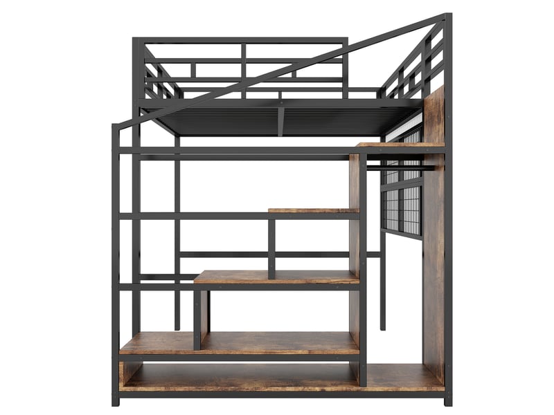  Lit mezzanine enfant 140x200 cm, led, rangement, grille suspendue, sommier, métal noir, sans matelas  - Conforama R