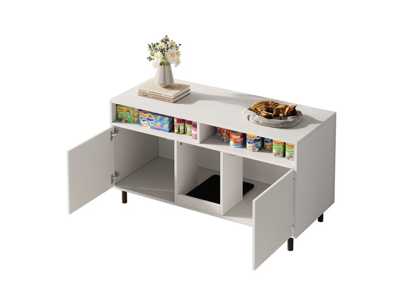  Meuble cache-litière pour félins 120x50x66 cm – blanc – 2 bacs, tapis anti-projection et double porte  - Conforama A