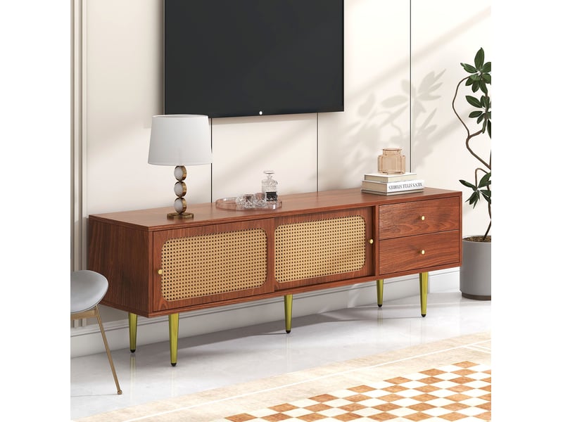  Meuble tv en mdf couleur noyer avec portes coulissantes en rotin synthétique, 160 x 40 x 60 cm  - Conforama B