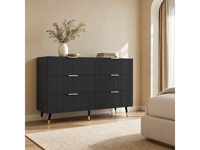  Buffet à 6 tiroirs avec façade ondulée, poignées et pieds dorés, en panneaux de particules noirs, 120 × 40 × 77 cm  - Conforama B