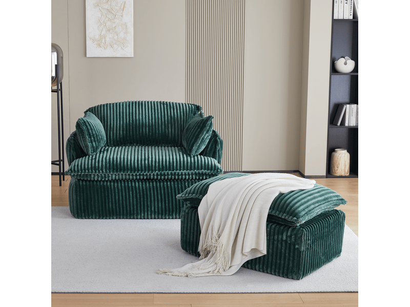  Fauteuil convertible ulevr 1 place avec pouf, velours côtelé vert, mousse haute densité, 115 x 89 x 77 cm  - Conforama E