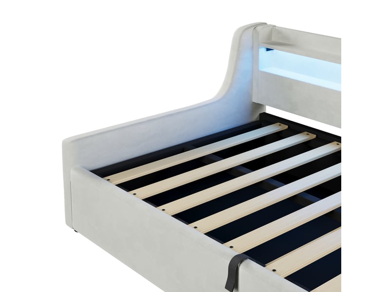  Lit coffre beige 90x200 cm en velours avec relevage hydraulique, tête de lit à led multicolores et rangement sous sommier  - Conforama E