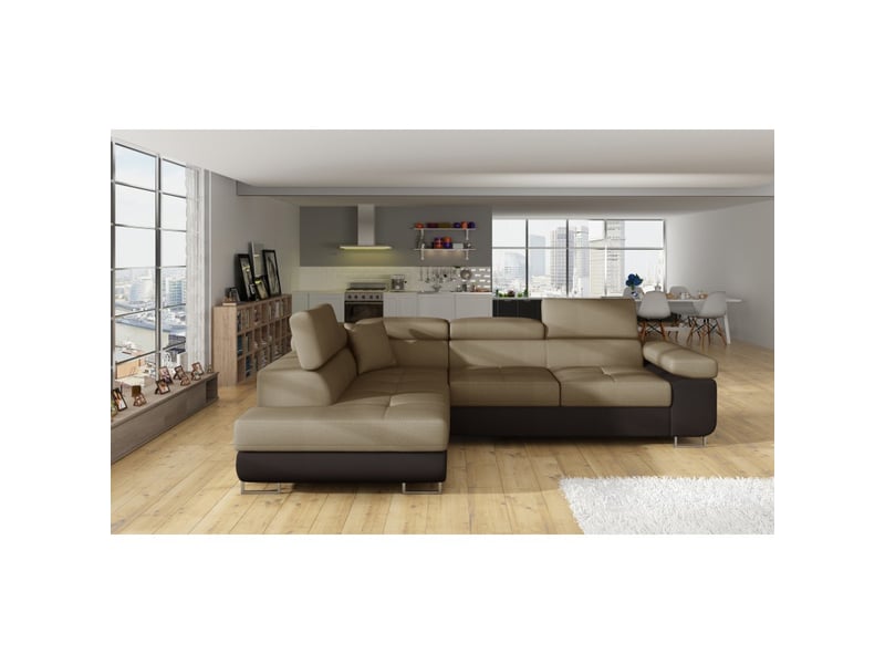  Canapé d'angle convertible menton beige et marron bouclette – angle gauche avec coffre  - Conforama B