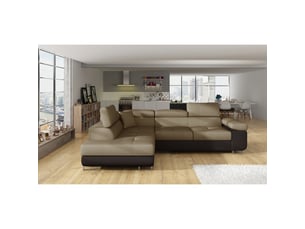 Canapé d'angle convertible menton beige et marron bouclette – angle gauche avec coffre