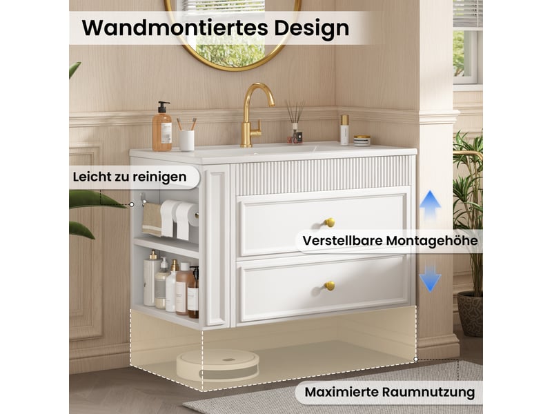  Meuble sous-vasque suspendu avec vasque céramique et 2 tiroirs blanc 81 cm  - Conforama E