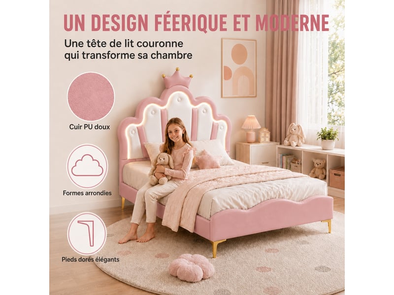  Lit princesse 90x200 cm, lit enfant rembourré avec lumière led, lit simple rembourré avec tête de lit en forme de couronne, avec sommier à lattes, pu, rose  - Conforama R