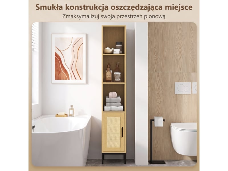  Meuble de salle de bain haut et étroit avec étagères ouvertes et réglables, finition effet bois naturel.  - Conforama D