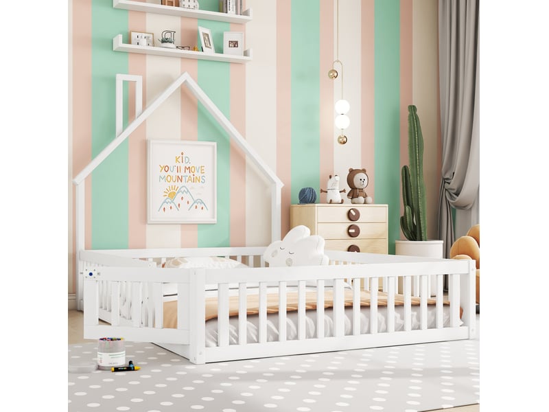  Lit enfant maison 140 x 190 cm design moderne barrières sécurité sommier à lattes robuste pin mdf blanc sans matelas  - Conforama R