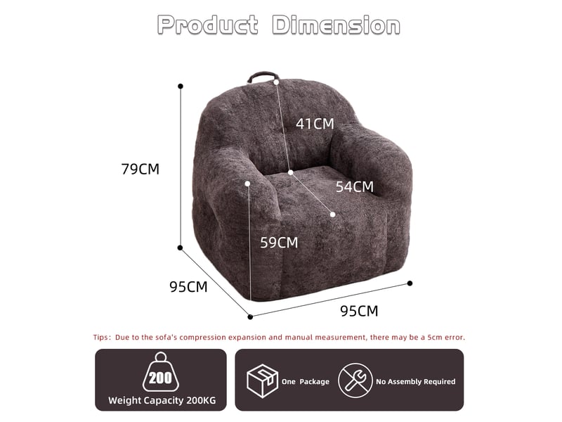  Fauteuil pouf avec accoudoirs et dossier enveloppant, rembourrage en mousse déchiquetée, en fausse fourrure gris foncé  - Conforama C