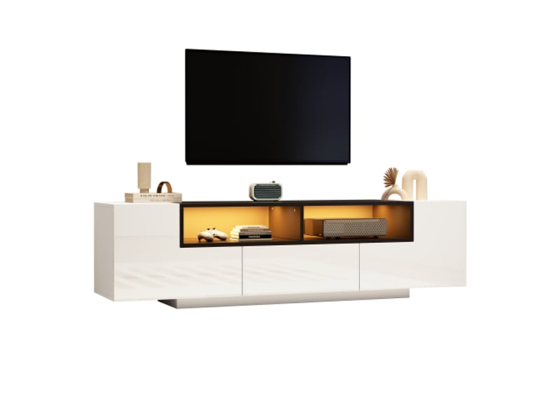 Meuble tv en l 180x40x48 cm — blanc et noir laqué brillant, led intégrée, tiroirs, compatible tv jusqu'à 75 pouces - Conforama D