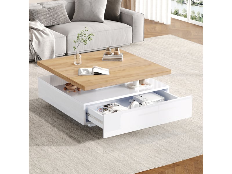  Table basse carrée pivotante 360° – blanc brillant et décor noyer – 70 x 70 x 36 cm  - Conforama B