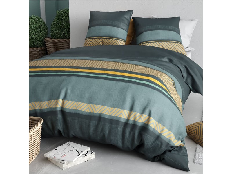  Parure housse de couette 240x220cm + 2 taies motif graphique bleu et jaune 100% coton - strala STRALA - Conforama B