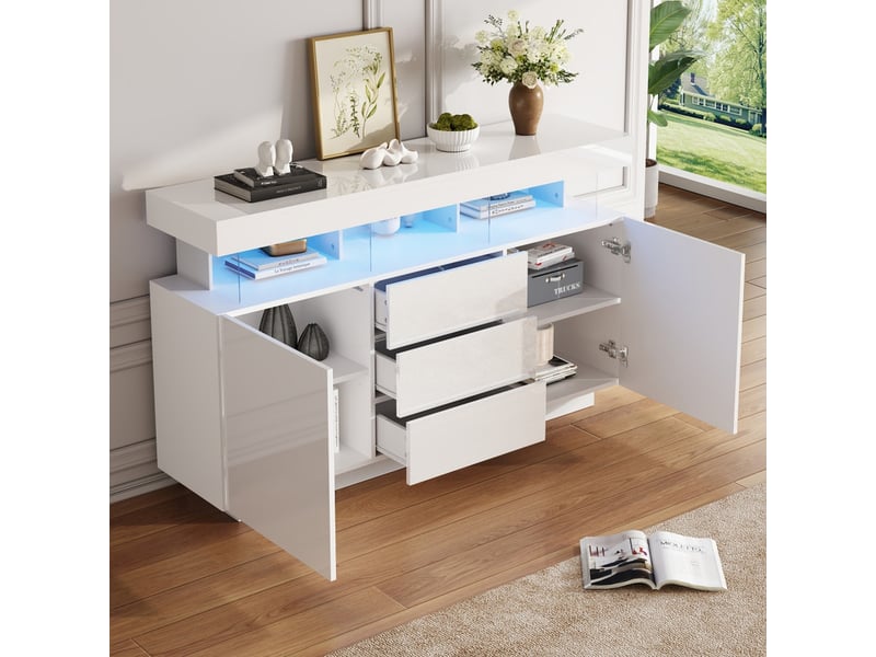  Buffet, 140 x 35 x 80 cm, meuble de rangement avec lumineuse led, pour la salle à manger, la cuisine ou le couloir, blanc  - Conforama D
