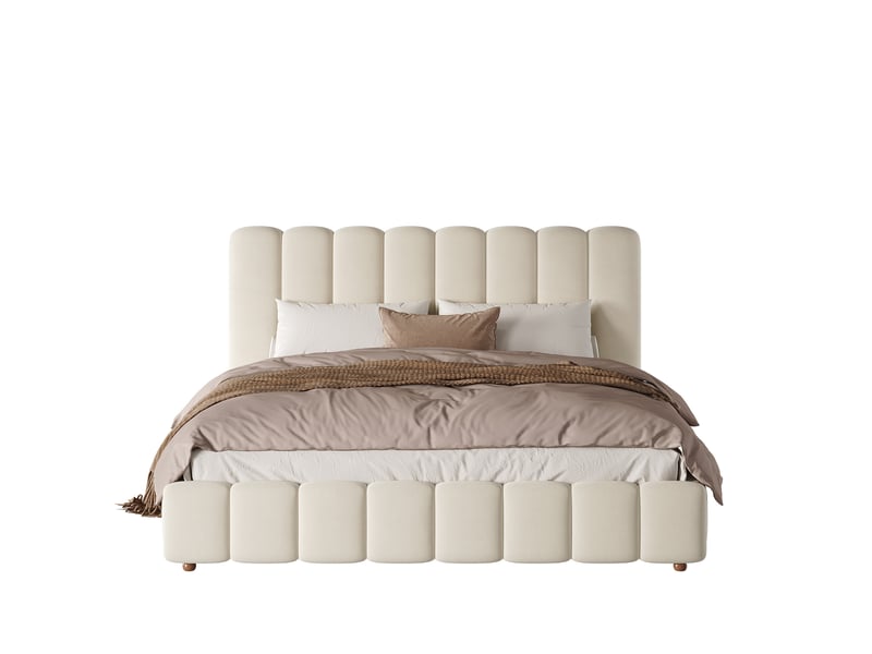  Lit adulte 180x200 cm en velours beige avec coffre hydraulique, tête de lit capitonnée et sommier, sans matelas  - Conforama A