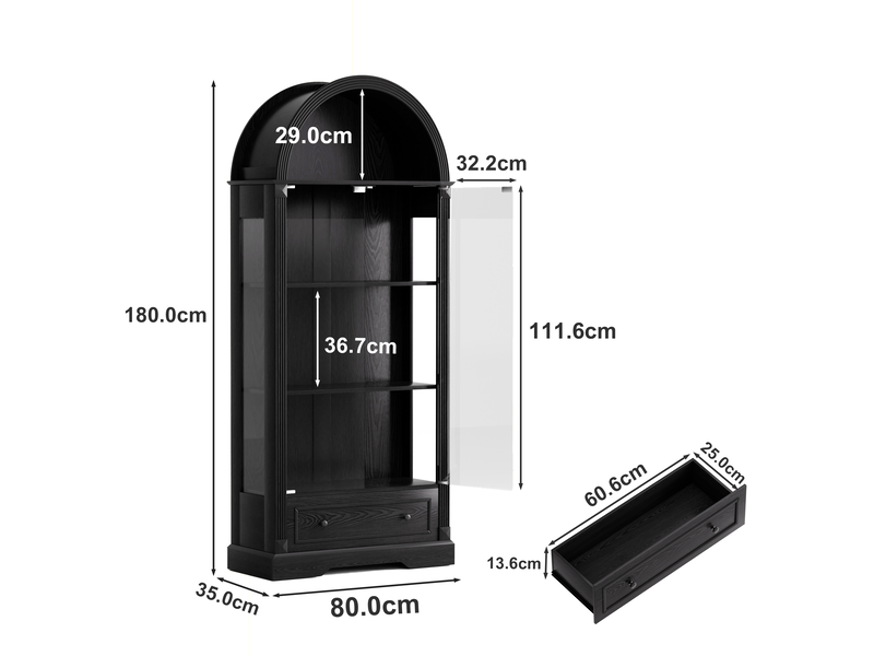  Vitrine noire 180 cm avec portes vitrées, éclairage led, tiroirs, style campagne moderne pour salon  - Conforama C
