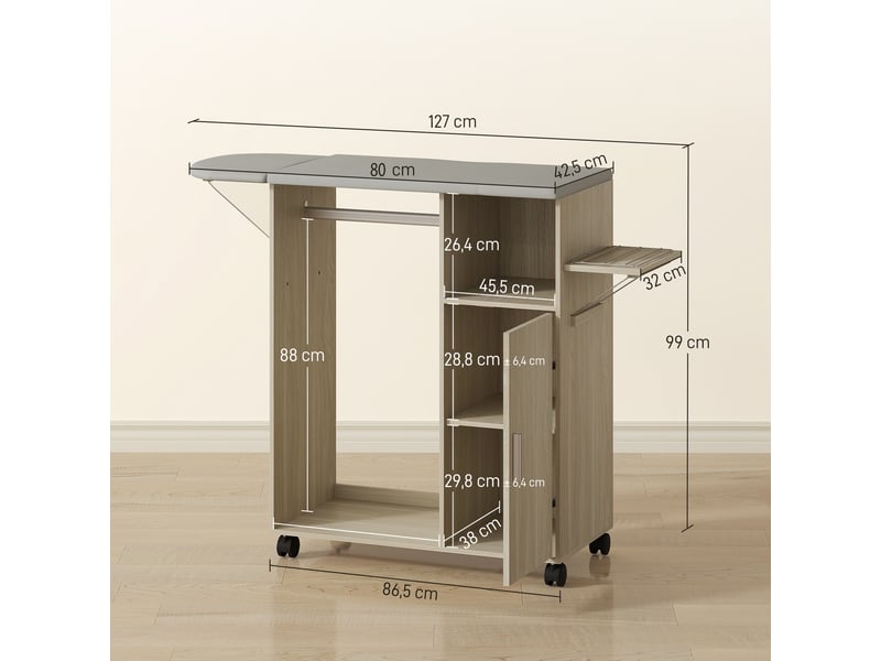  Armoire à repasser sur roulettes, table à repasser pliante, étagère réglable, barre de suspension, 127x42,5x99cm naturel  - Conforama C