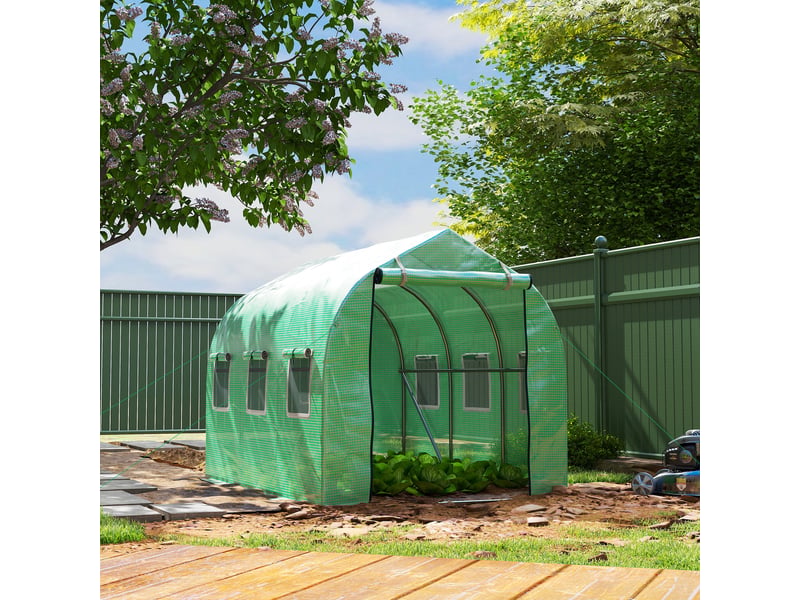  Serre de jardin tunnel serres tunnel 6 m² avec 6 fenêtres porte à fermeture éclair toile pe structure fer galvanisé vert  - Conforama D