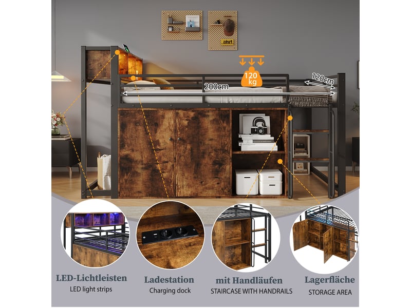  Lit mezzanine 120x200cm avec armoire de rangement, étagères ouvertes, échelle, éclairage led et prise eu, métal, noir et effet bois vintage evarich - Conforama D