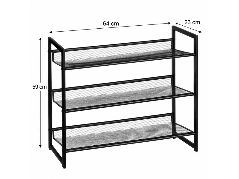  Etagère meuble à chaussures à 3 niveaux en métal grillagé noir,capacité 9 paires - longueur 64 x profondeur 23 x hauteur 59 cm  - Conforama C