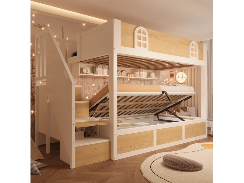  Lit superposé enfant 90x200cm, sommier, lit 2 place, escalier coffre avec rangement, bois+métal, blanc et naturel sans matelas  - Conforama E