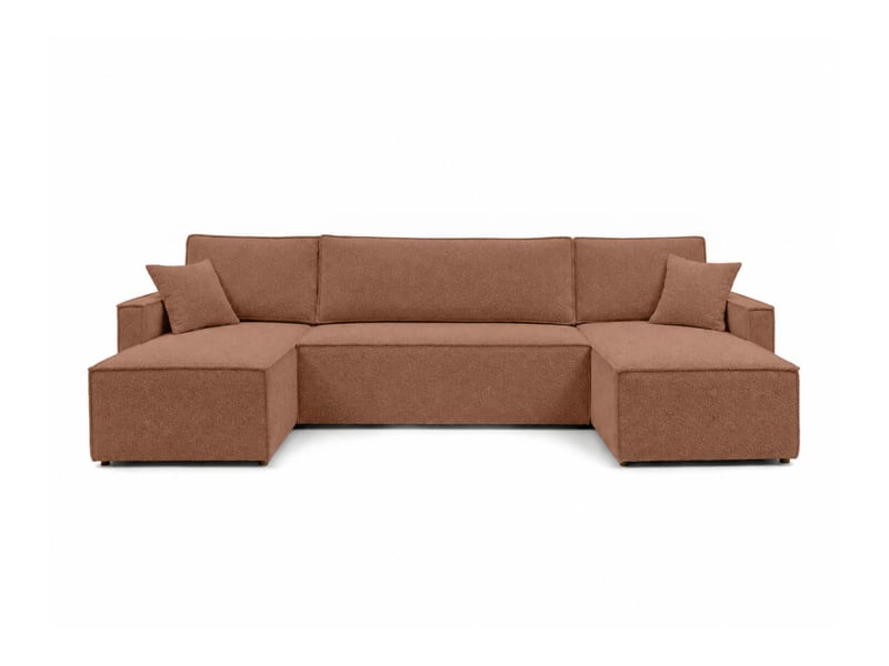 Farah - canapé d'angle panoramique convertible 6 places accoudoirs slim en tissu bouclettes texturées  - Conforama E