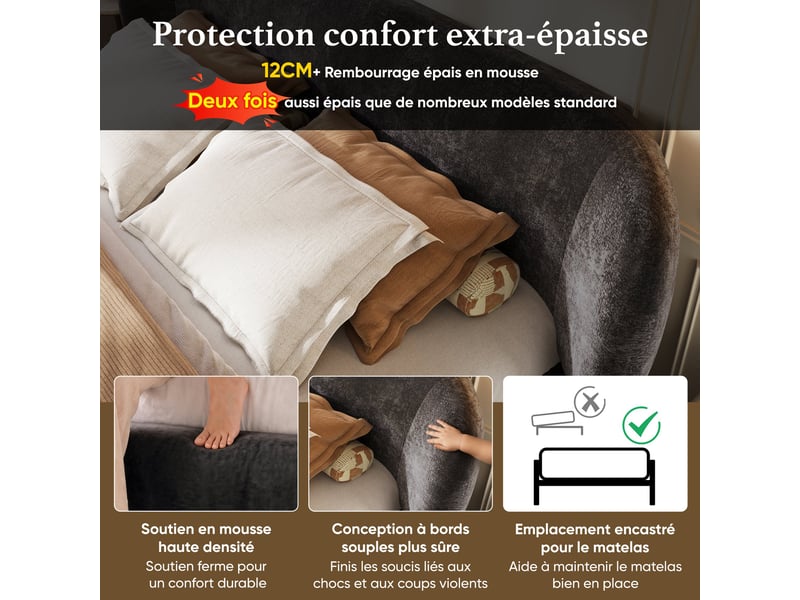 Lit 2 places 140x190 cm, tête de lit rembourrée, sommier à lattes, coins arrondis, cadre rembourré, chenille pour chambre - gris - Conforama E