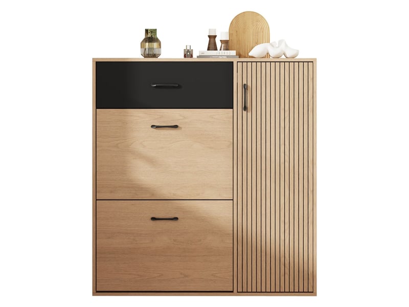  Meuble à chaussures 100 x 35 x 106 cm 2 portes basculantes vers le bas façade à 1 ouverture 1 tiroir rangement chaussures format étroit coloris bois naturel et noir  - Conforama A