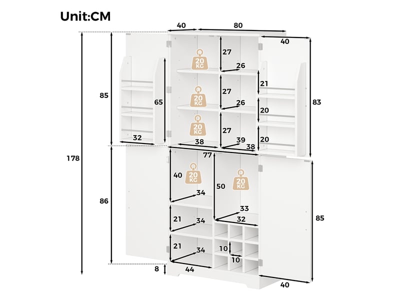  Armoire de cuisine 80x40x178cm, garde-manger à 4 portes style grange, casiers à bouteilles et rangements de porte, blanc evarich - Conforama C