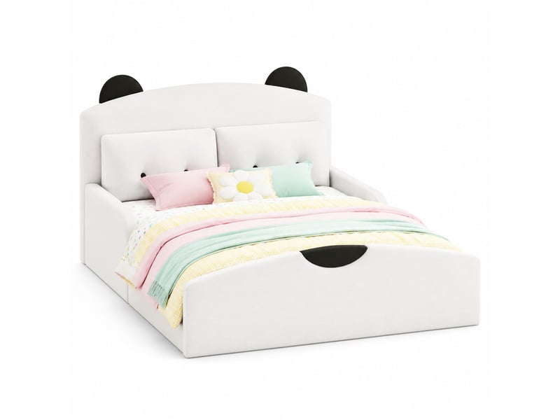  Lit plateforme 140x200 cm, tête de lit ours rembourrée, 2 coussins, structure stable, mdf et lin, blanc, sans matelas  - Conforama A