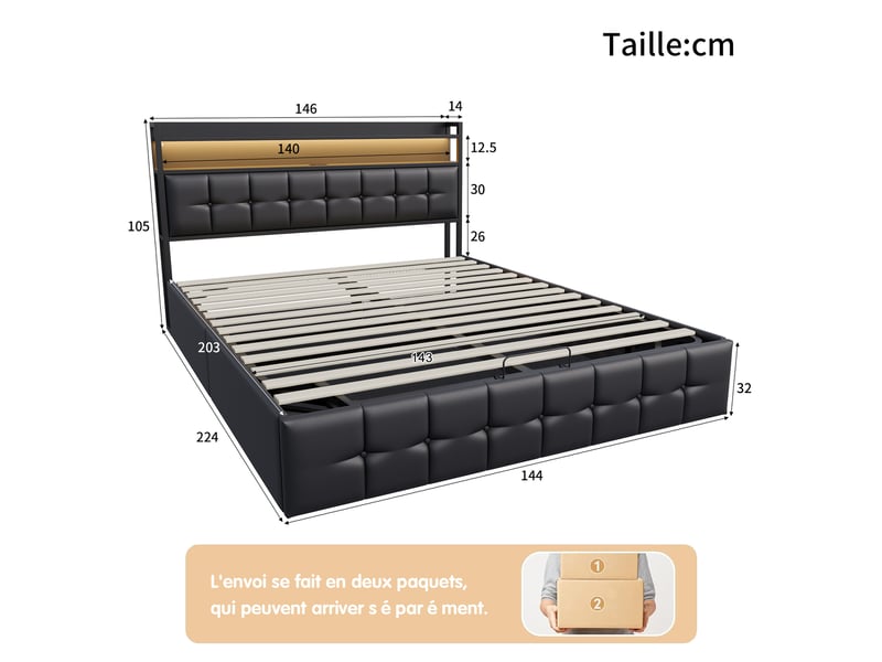  Lit double coffre - 140 x 200 cm-noir - en similicuir pu, avec tête de lit de rangement, éclairage led intelligent, prises et vérins hydrauliques  - Conforama B