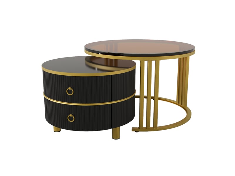 Table basse ronde 2 en 1 en mdf, 1 plateau brillant et 1 plateau en verre trempé brun, 2 tiroirs, or et noir - Conforama D