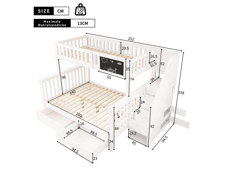  Lit superposé enfant double multifonction avec tableau et tiroirs bois massif blanc 90x200 et 140x200  - Conforama C
