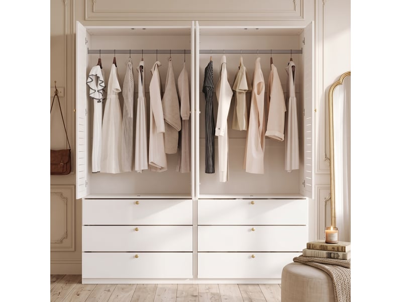  Armoire 4 portes modenvie 180 x 50 x 200 cm avec 6 tiroirs et 2 tringles, portes persiennes, panneau de particules blanc  - Conforama B
