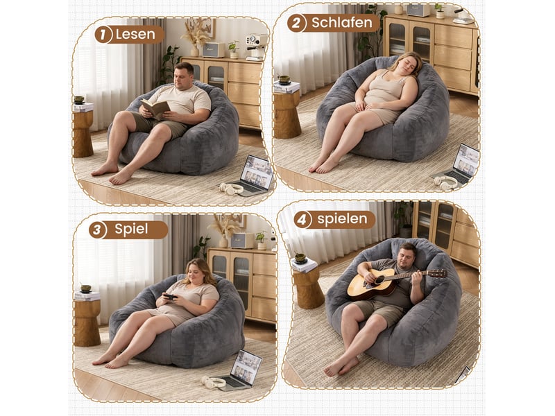  Pouf adulte gris clair avec dossier, revêtement doux en polyester, garnissage en mousse haute densité  - Conforama E