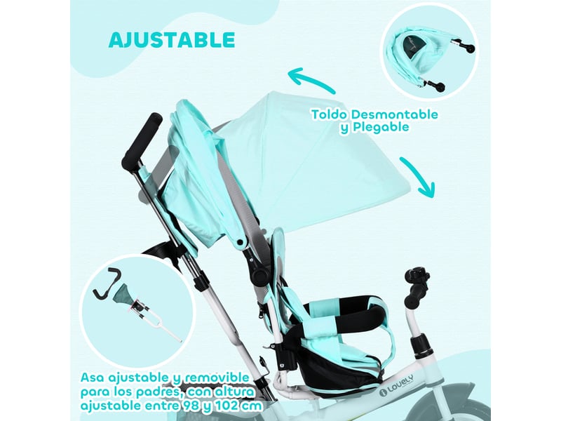 Tricycle pour bébé dès 12 mois avec poignée télescopique et amovible, sac à langer et porte-biberon, vert menthe  - Conforama E