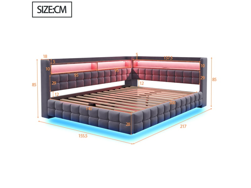  Lit coffre 140x200 cm avec led, prises et rangement mdf gris foncé sans matelas  - Conforama E