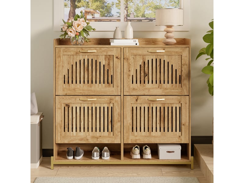  Meuble à chaussures 16 paires l108.5xp24xh100cm | 4 portes persiennes lamelles ajourées et métal | plateau rebord - naturel DreamMespace - Conforama D
