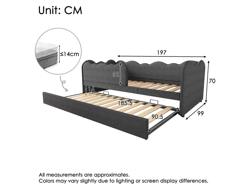  Lit gigogne enfant 90x190 cm avec lit coulissant, banquette lit en lin avec barrière amovible et 2 couchages, lit gain de place gris (sans matelas)  - Conforama E