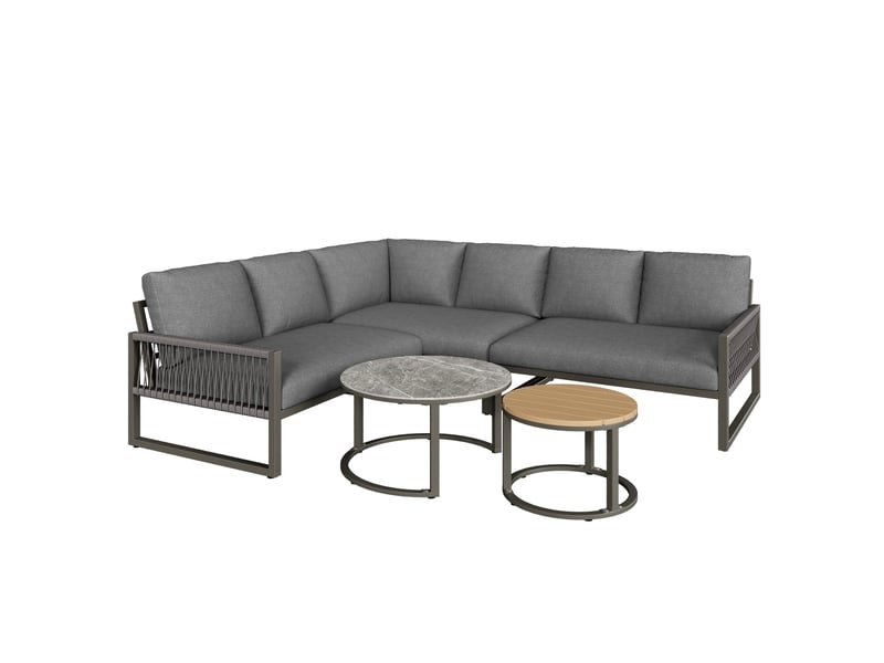  Salon de jardin d'angle 6 à 7 places gris métal et polyester, 2 tables basses, pieds réglables, coussins inclus  - Conforama D