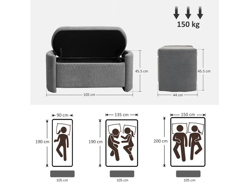  Banc de rangement 105 x 44 x 45,5 cm gris en polyester, coffre avec couvercle à charnières  - Conforama B