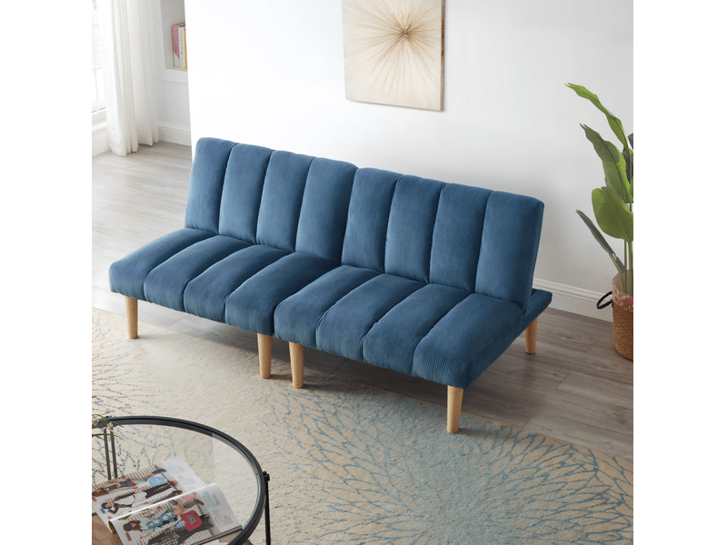  Canapé convertible 2 places 167x82x72 cm bleu en velours côtelé, dossier réglable 3 positions sans accoudoirs  - Conforama B