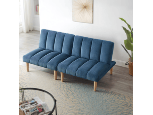 Canapé convertible 2 places 167x82x72 cm bleu en velours côtelé, dossier réglable 3 positions sans accoudoirs