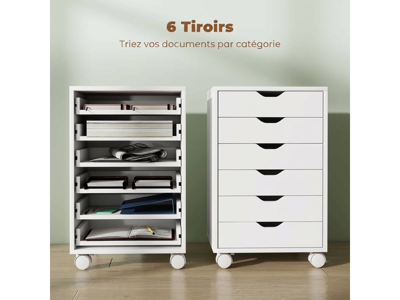  Caisson de bureau mobile avec 6 tiroirs silencieux, caisson de rangement sur roulettes,  40 x 35 x 63 cm, blanc  - Conforama D