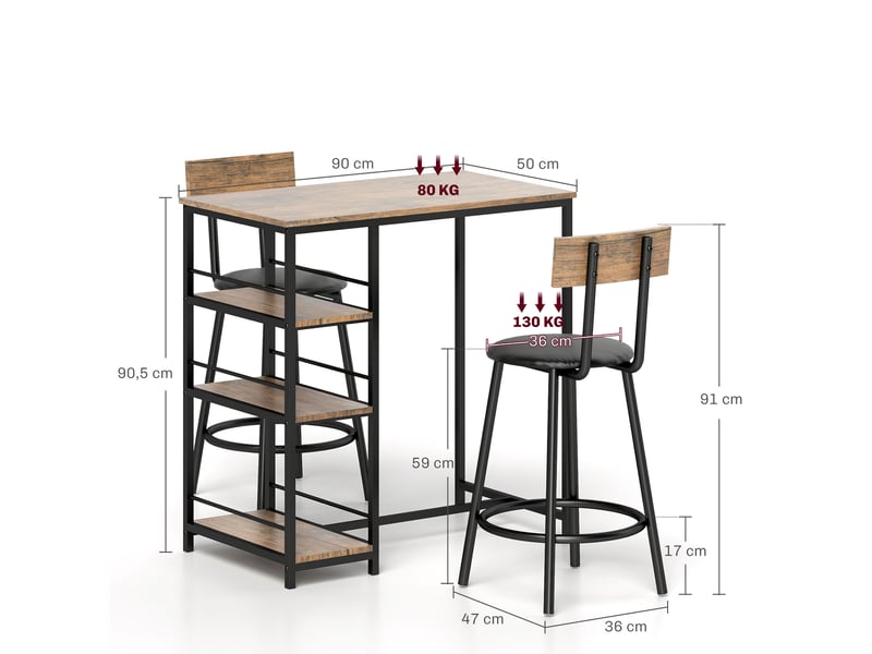  Ensemble de salle à manger 3 pièces avec table de bar et 2 chaises, petit ensemble de cuisine avec étagères latérales, mdf, métal, noir  - Conforama E