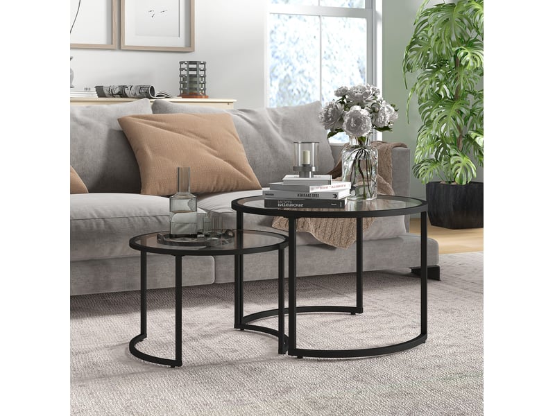  Set de 2 tables d'appoint rondes empilables avec plateau en verre trempé et pied en acier noir pour salon et salon  - Conforama B