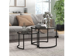 Set de 2 tables d'appoint rondes empilables avec plateau en verre trempé et pied en acier noir pour salon et salon