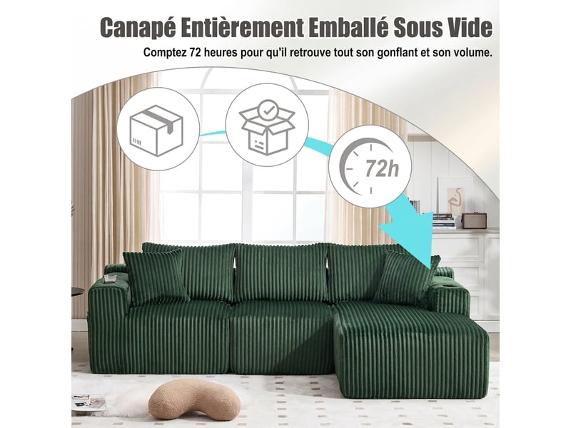 Canapé modulaire avec méridienne en velours côtelé doux 257 x 160 cm 5 coussins et porte-gobelets - Conforama W