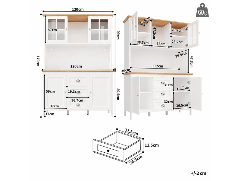  Meuble de cuisine muvano, buffet haut blanc avec éclairage led, 4 portes et 3 tiroirs  - Conforama W