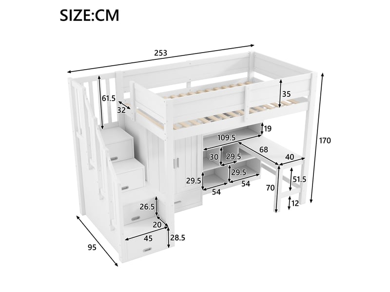  Lit mezzanine 90x200 cm avec bureau, armoire, escalier de rangement et led, blanc  - Conforama C
